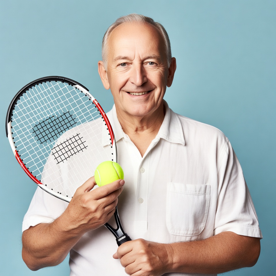 Senior man holding tennis racket and ball Senior man holding tennis racket and ball