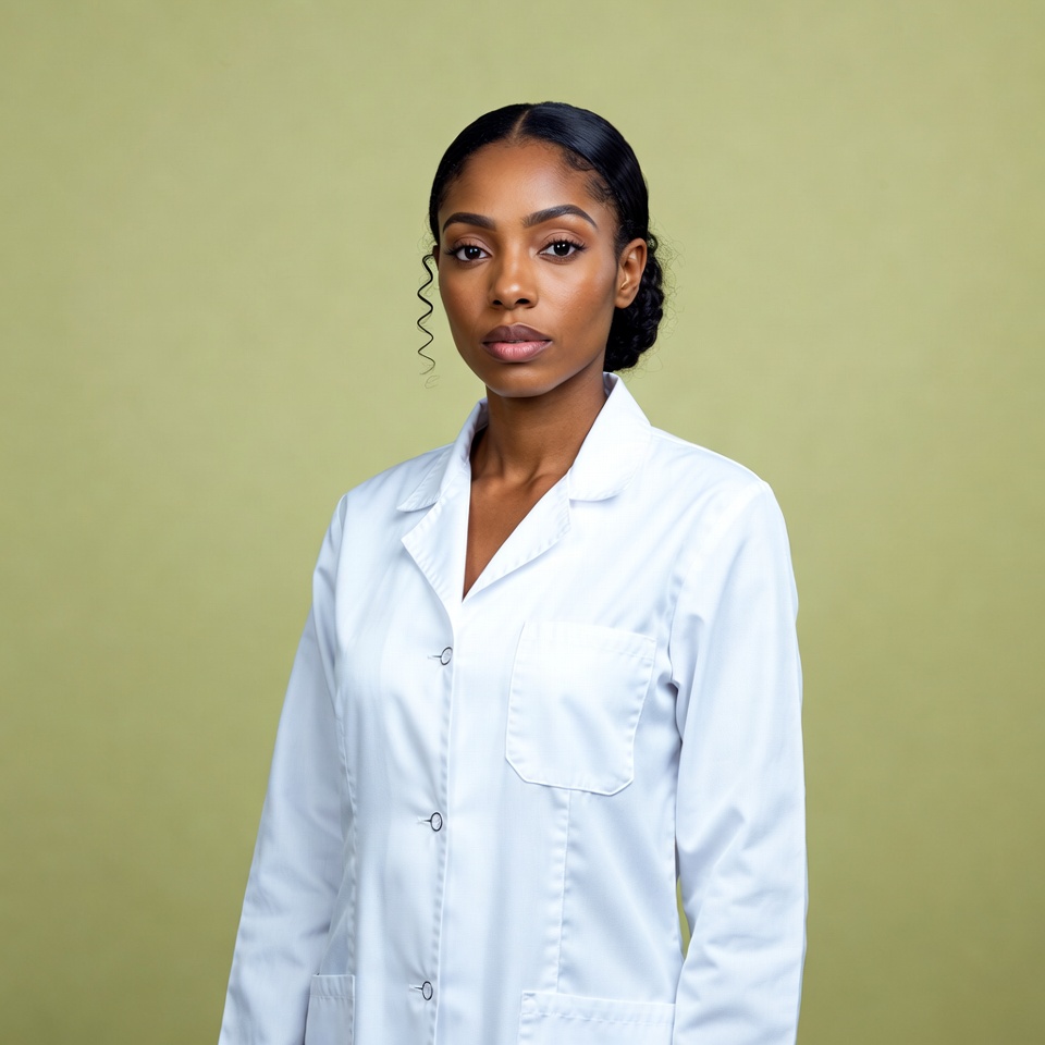 African-American woman in white lab coat African-American woman in white lab coat