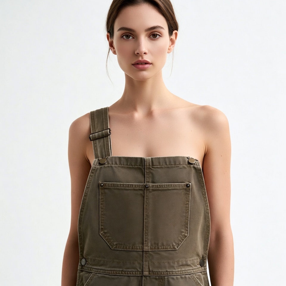Woman in olive green overalls Woman in olive green overalls