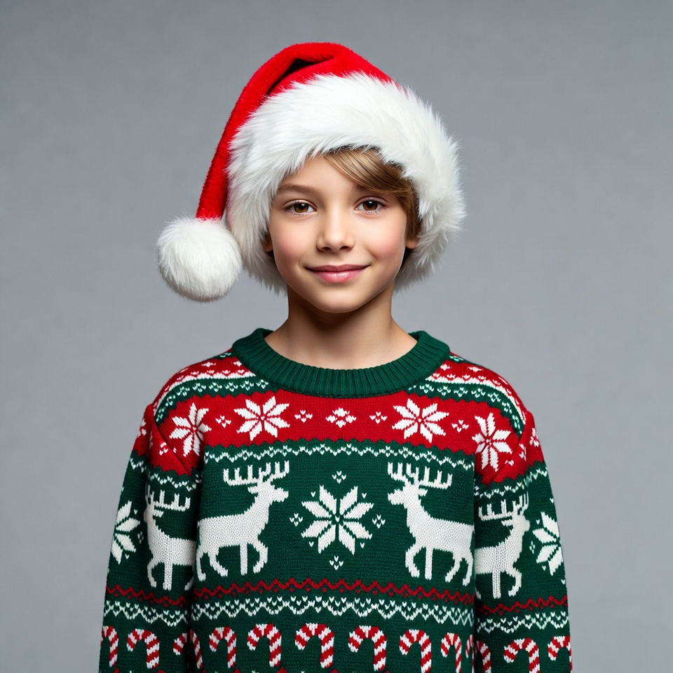 Boy wearing Santa hat and Christmas sweater Boy wearing Santa hat and Christmas sweater