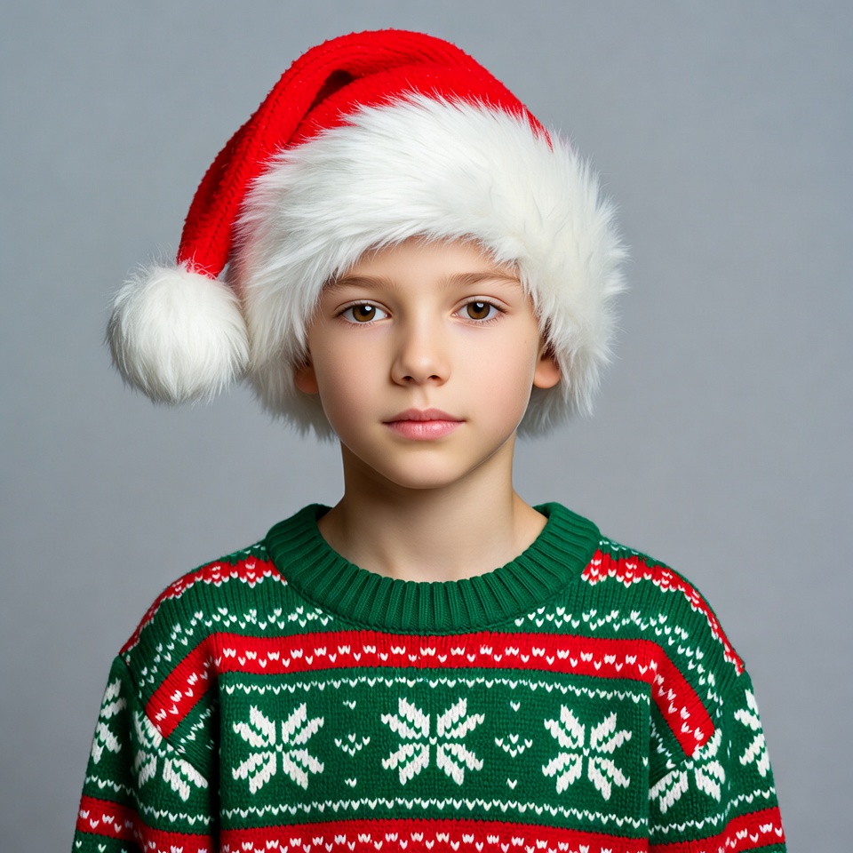 Boy wearing Santa hat and green sweater Boy wearing Santa hat and green sweater