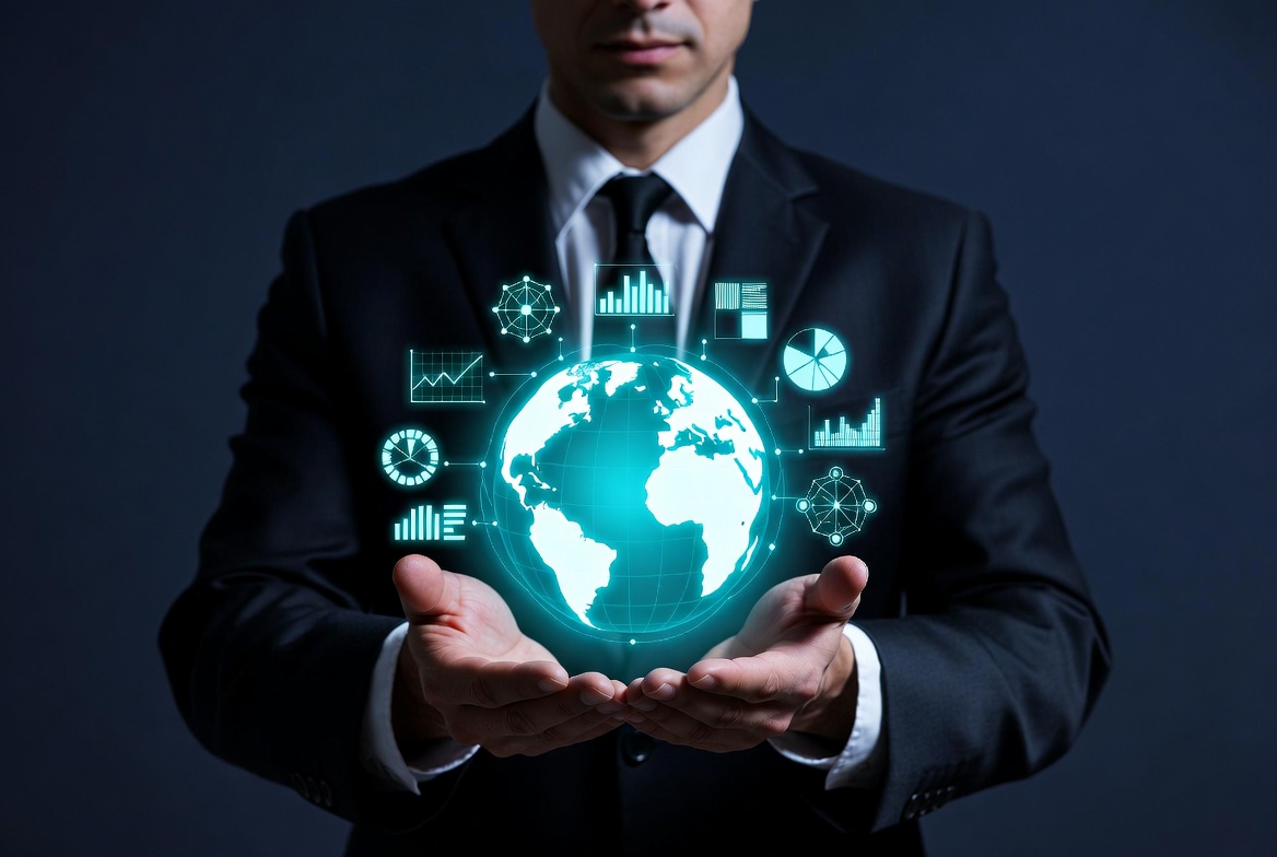 Businessman holding glowing world analytics Businessman holding glowing world analytics