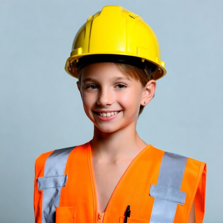 Boy in yellow hard hat and orange vest Boy in yellow hard hat and orange vest
