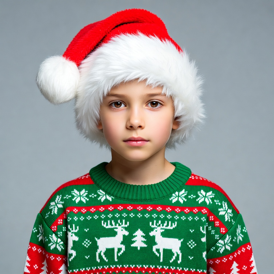 Boy wearing Santa hat and reindeer sweater Boy wearing Santa hat and reindeer sweater