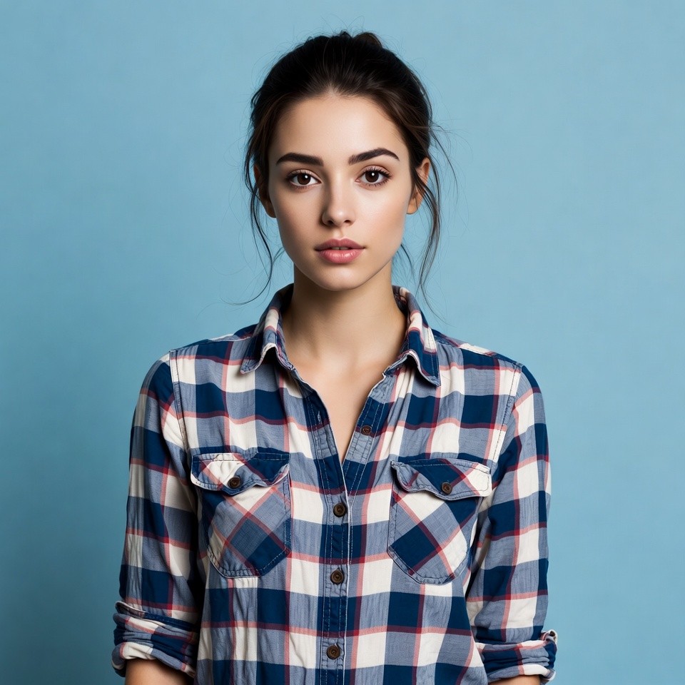 Woman in plaid shirt on blue background Woman in plaid shirt on blue background