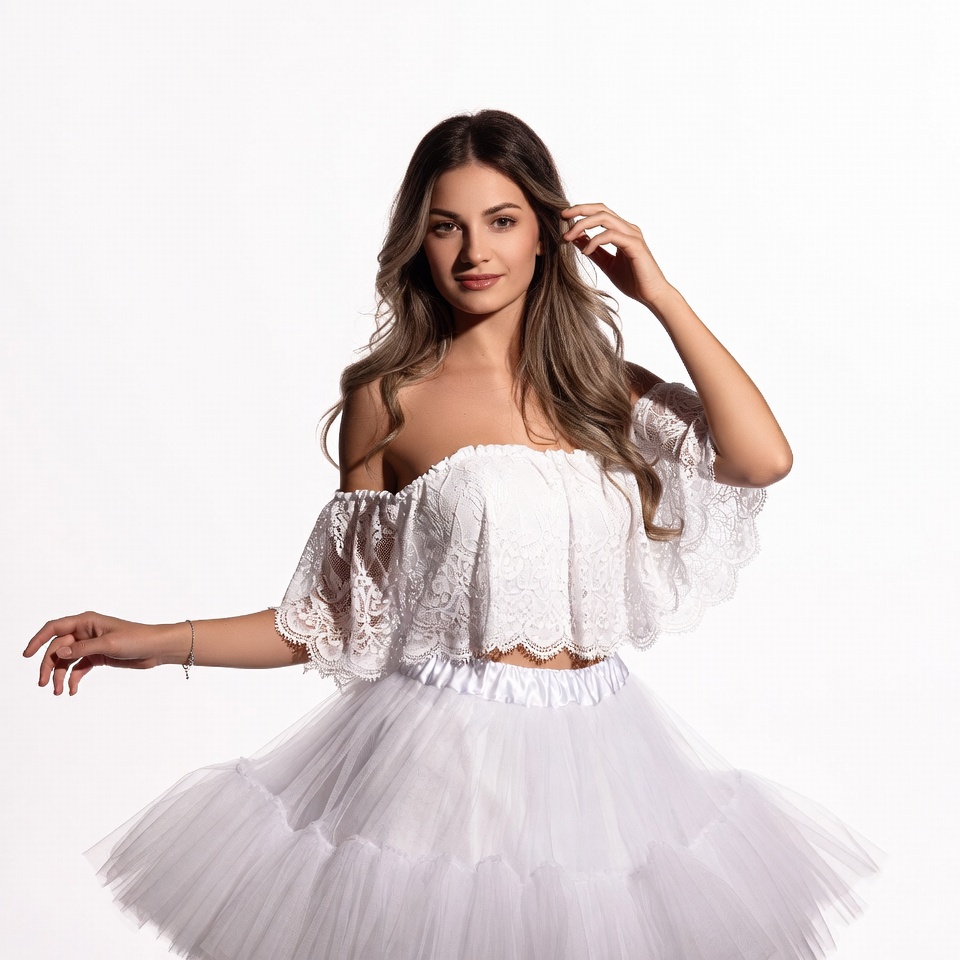 Woman in white lace off-shoulder dress Woman in white lace off-shoulder dress