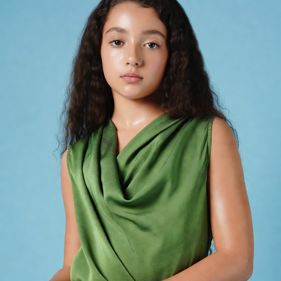 Young girl in green draped dress Young girl in green draped dress