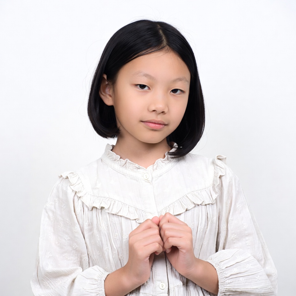 Asian girl in white ruffled dress Asian girl in white ruffled dress