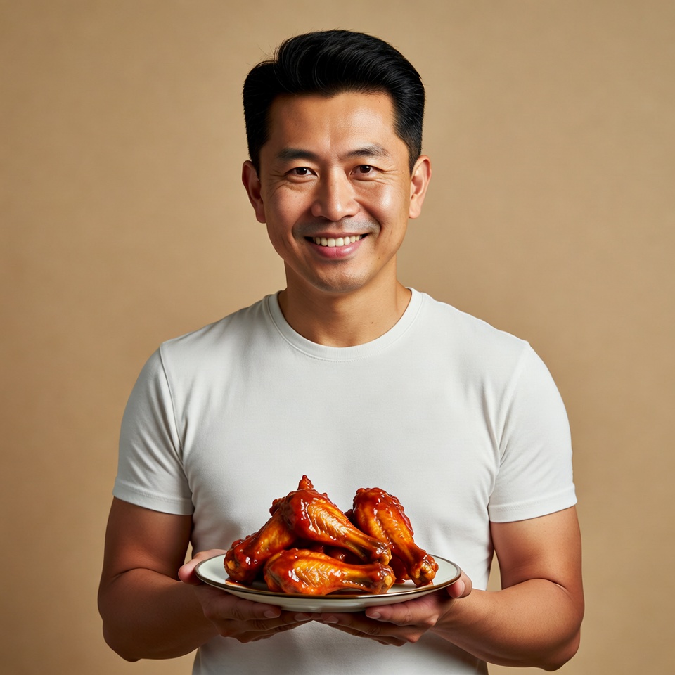 Asian man holding chicken wings Asian man holding chicken wings