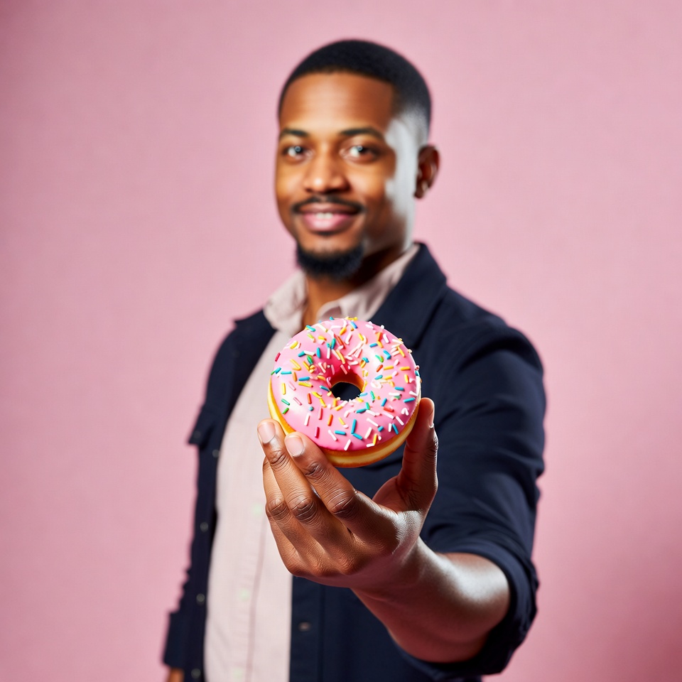 African-American man holding pink donut African-American man holding pink donut