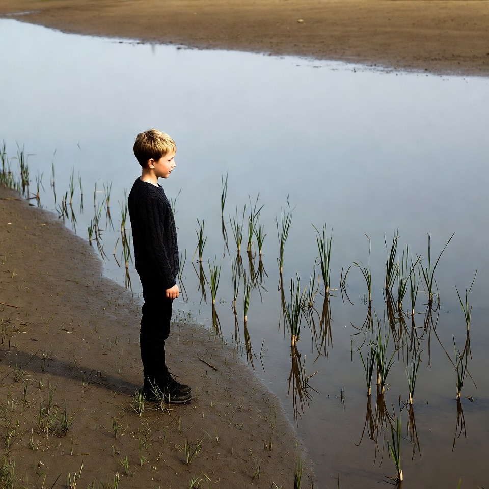 Boy standing by shallow water edge Boy standing by shallow water edge
