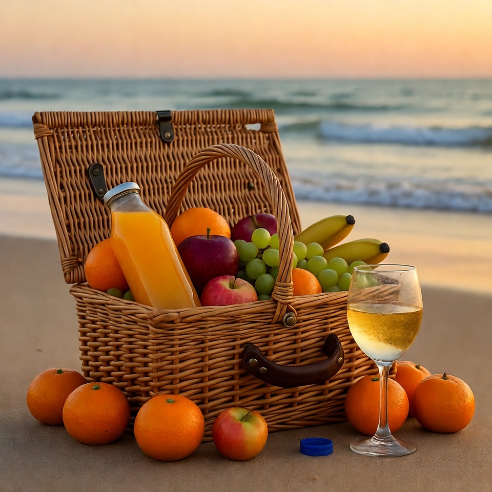 Picnic Basket with Fruits and Wine on Beach Picnic Basket with Fruits and Wine on Beach