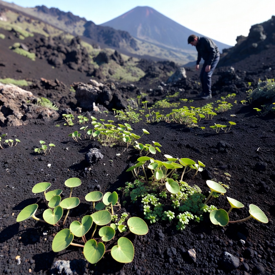Man examining plants near volcano Man examining plants near volcano