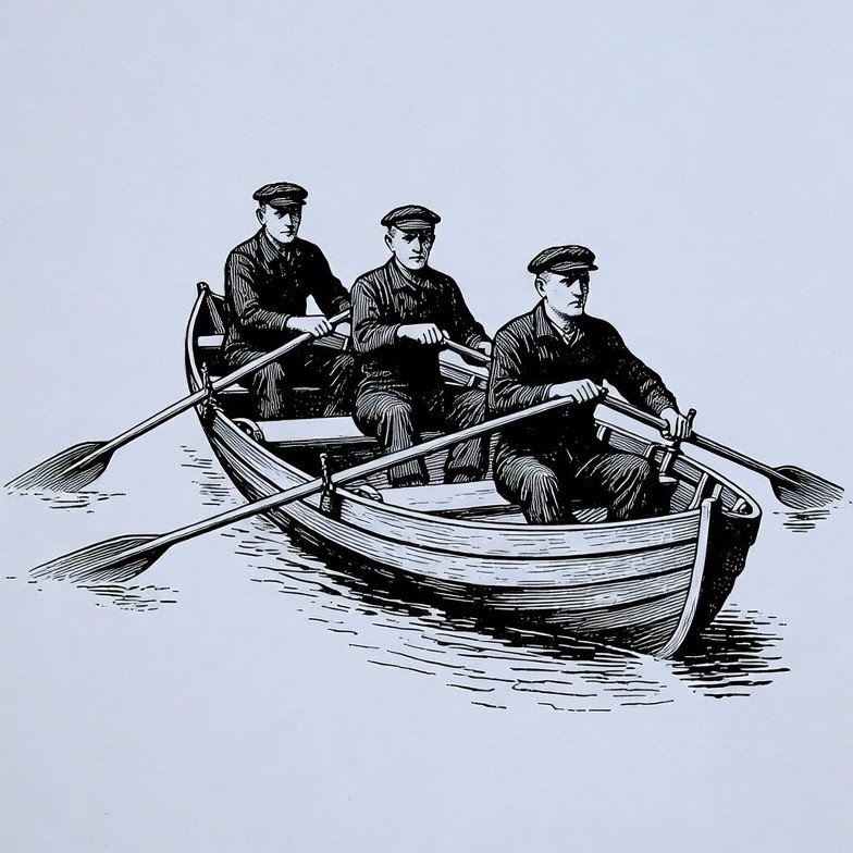 Three Men Rowing Rowboat Illustration Three Men Rowing Rowboat Illustration