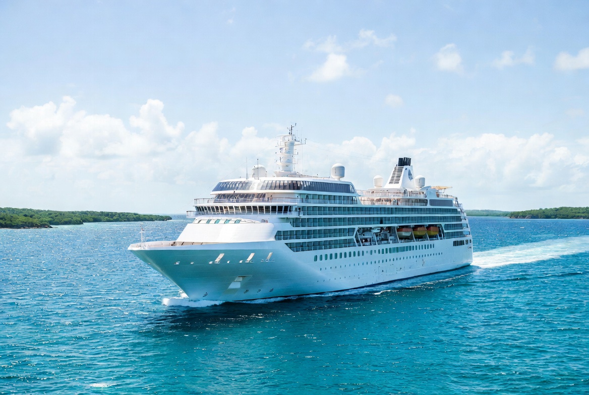 White Cruise Ship Sailing in Turquoise Ocean White Cruise Ship Sailing in Turquoise Ocean