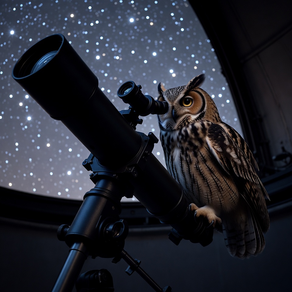 Owl perched on telescope under stars Owl perched on telescope under stars