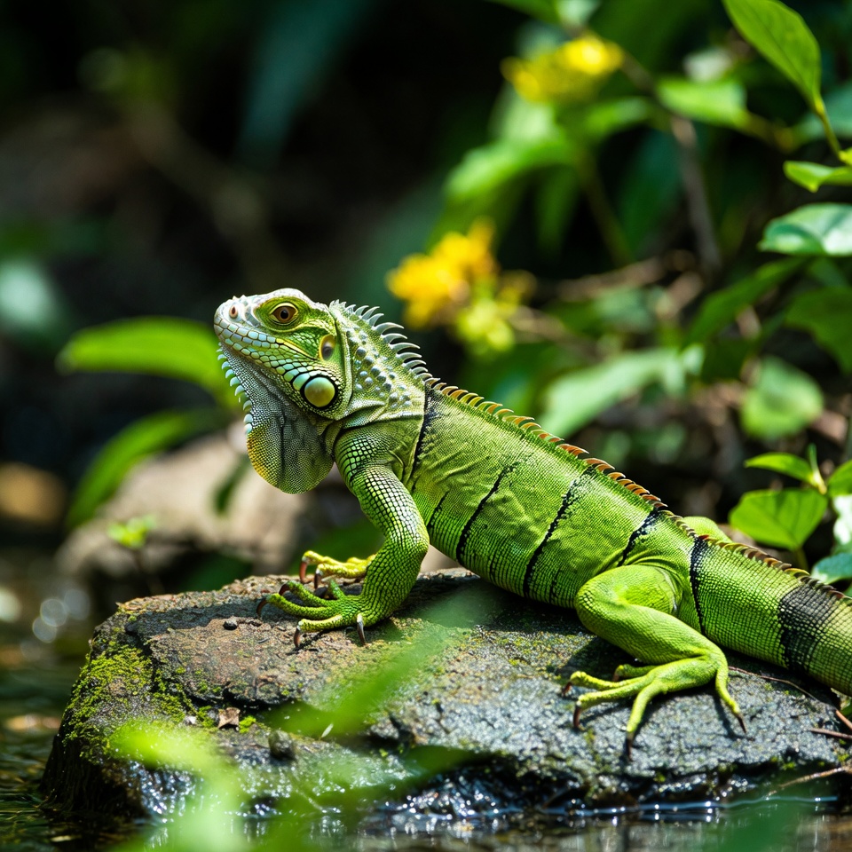 Green iguana on rock in jungle Green iguana on rock in jungle