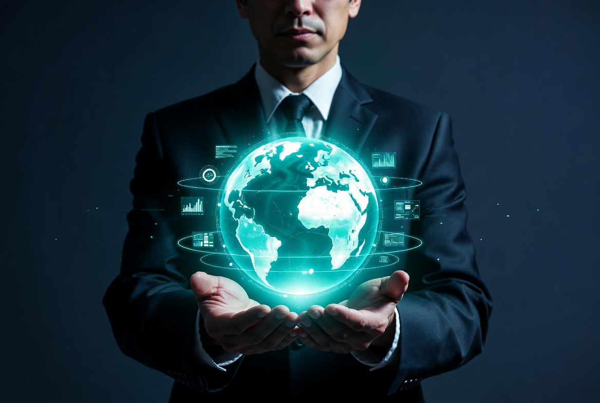 Businessman Holding Glowing Earth Globe Businessman Holding Glowing Earth Globe