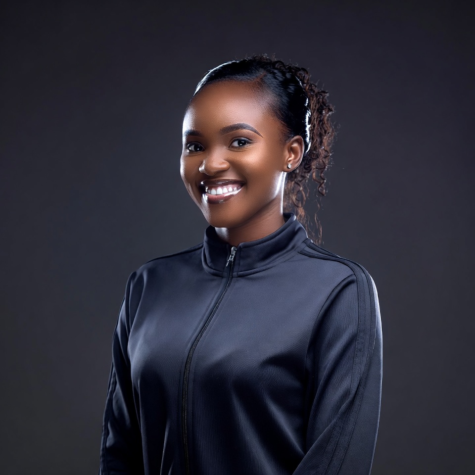 Smiling African woman in black tracksuit Smiling African woman in black tracksuit