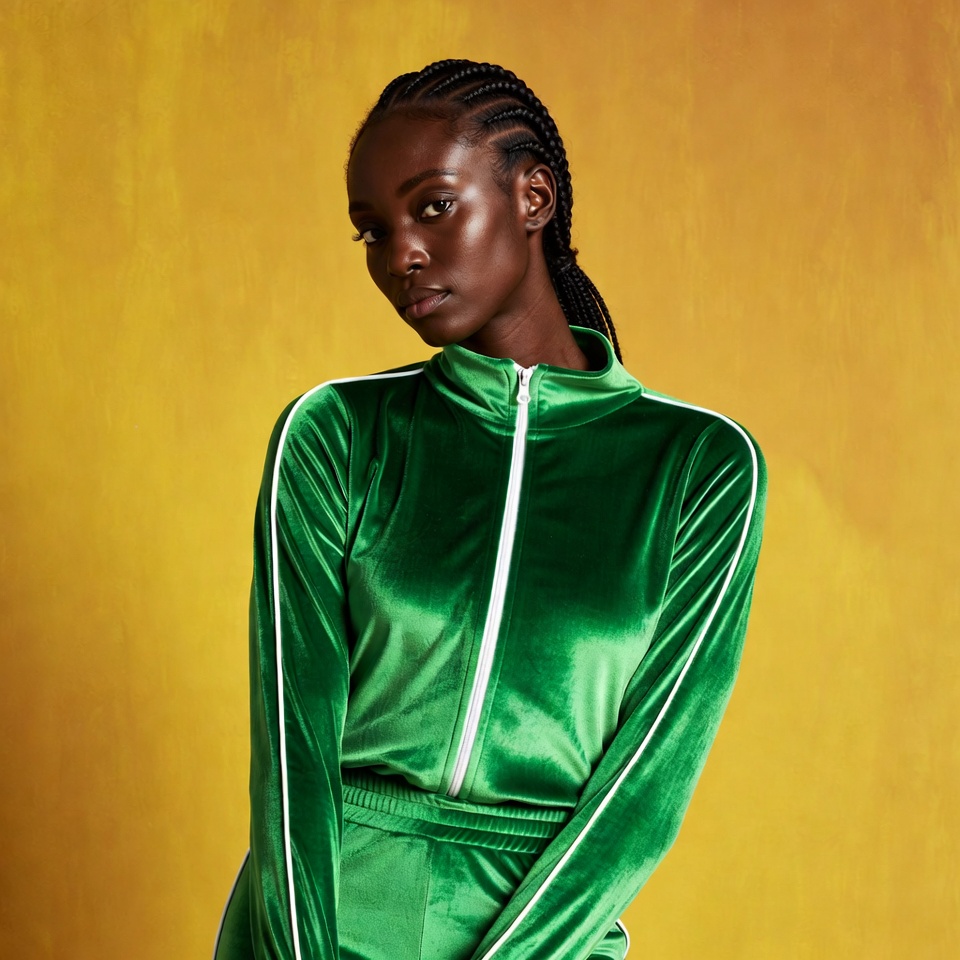African-American woman in green velvet tracksuit African-American woman in green velvet tracksuit