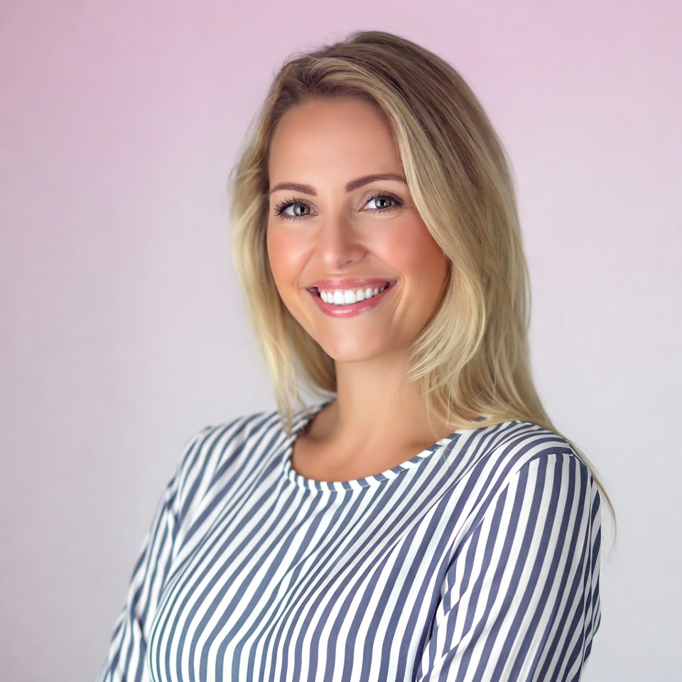 Smiling blonde woman in striped shirt Smiling blonde woman in striped shirt