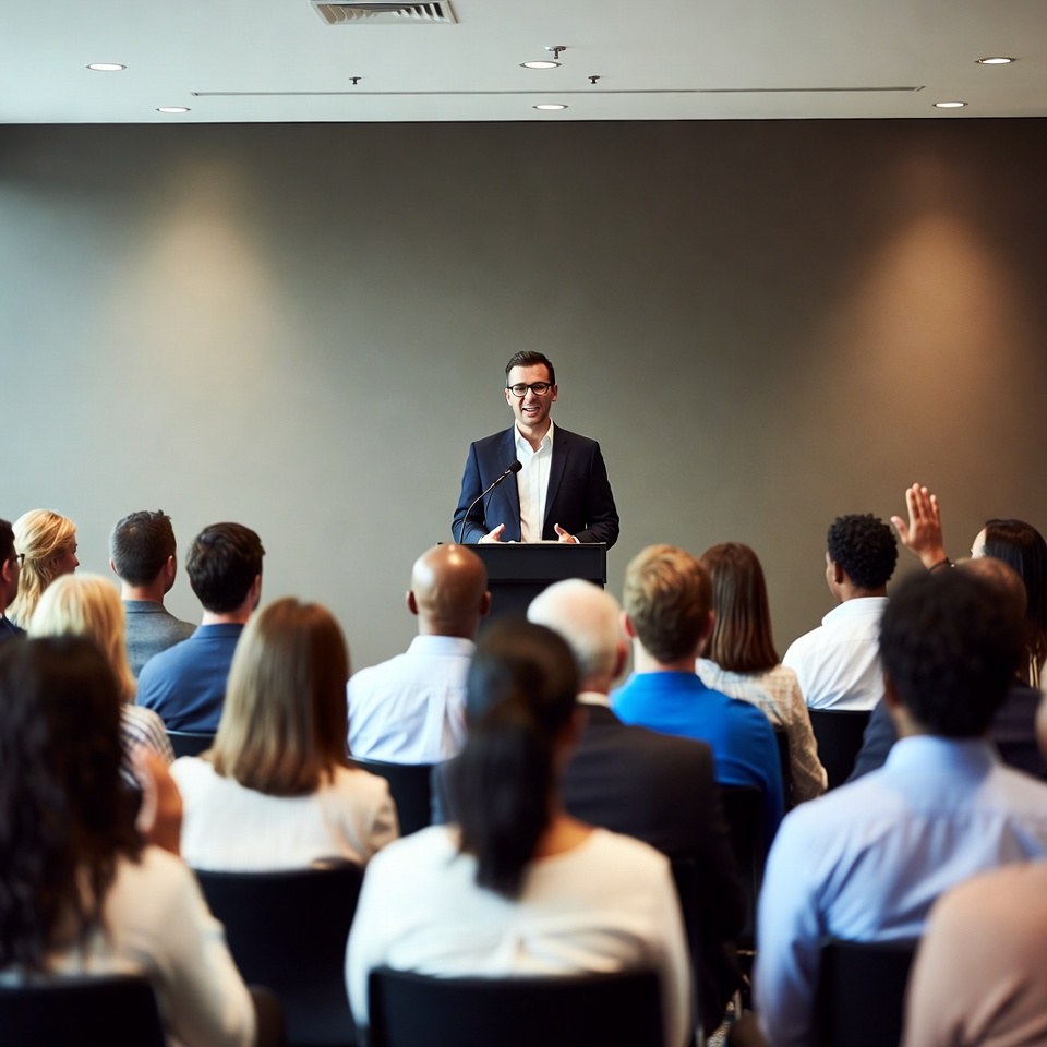 Man speaking at business conference Man speaking at business conference