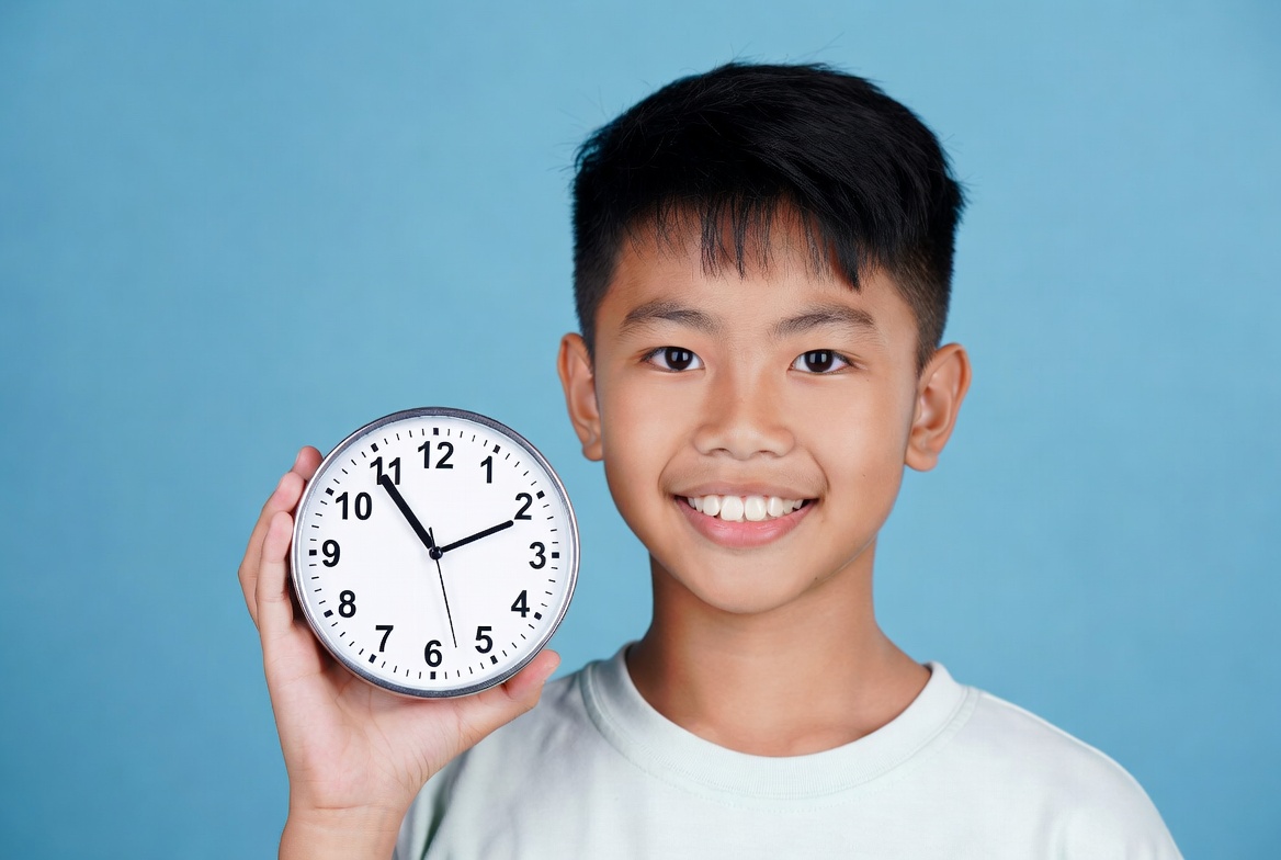 Asian boy holding white clock Asian boy holding white clock