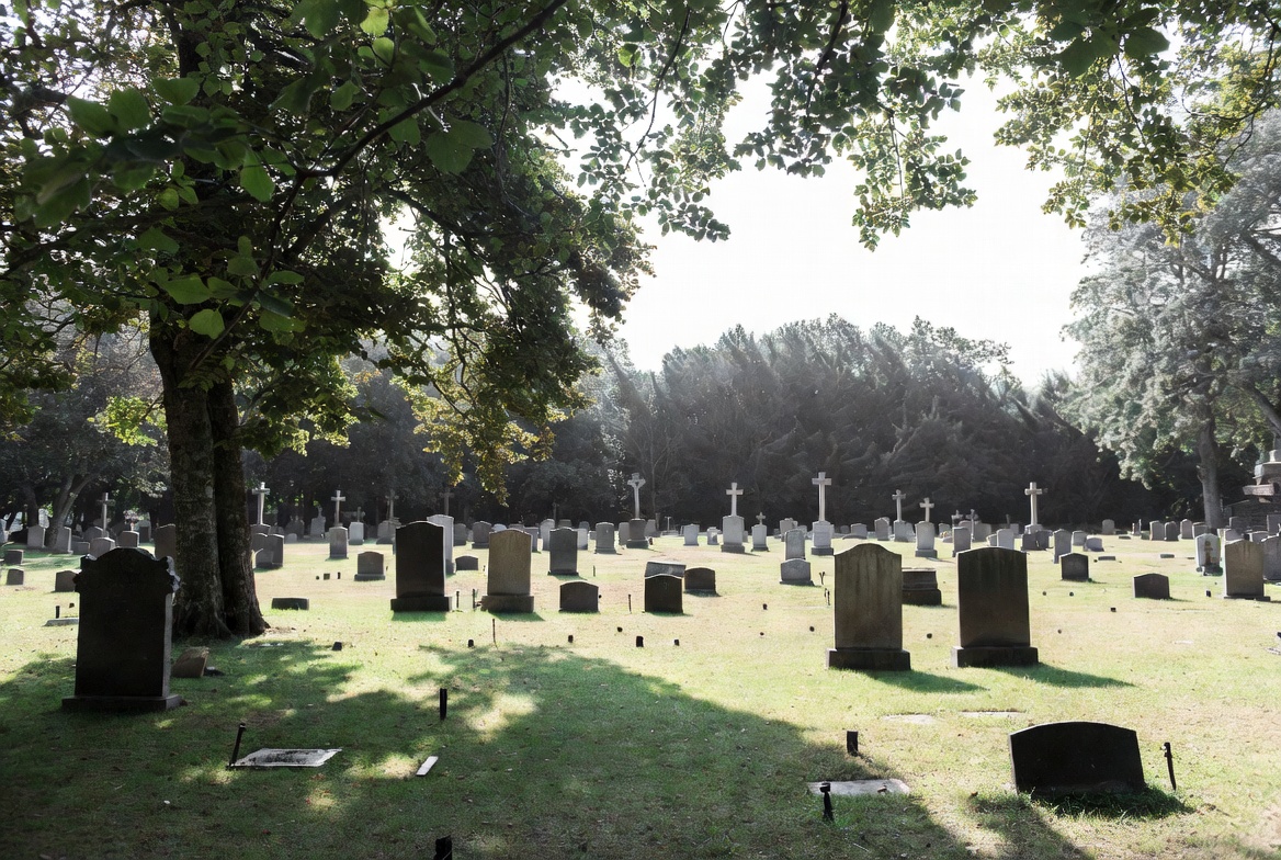 Cemetery with gravestones under trees Cemetery with gravestones under trees