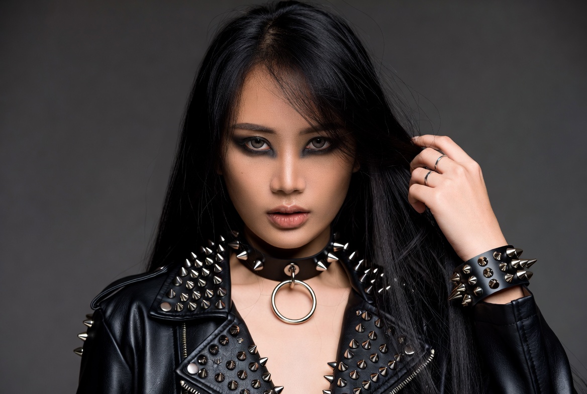 Asian woman in spiked leather jacket Asian woman in spiked leather jacket