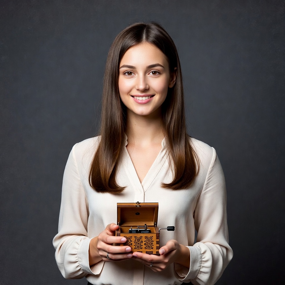Woman holding wooden music box Woman holding wooden music box