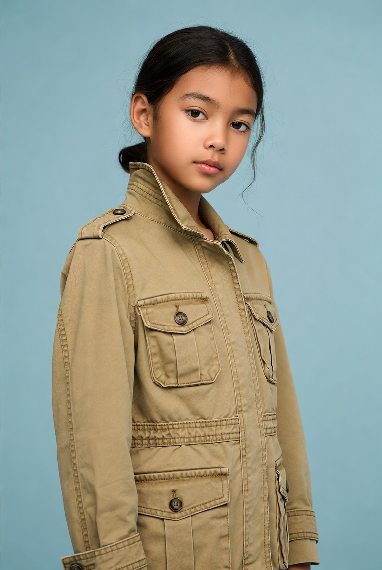 Asian girl in khaki jacket Asian girl in khaki jacket