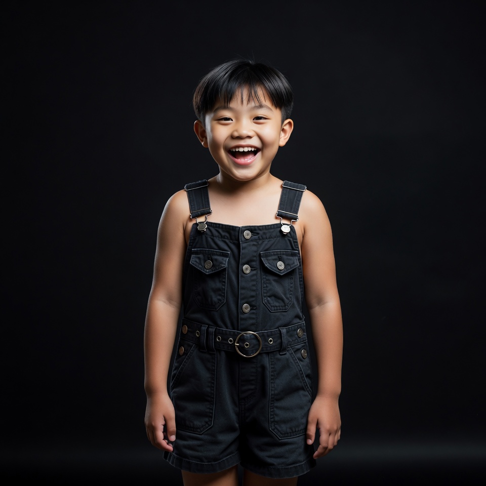 Asian boy smiling in black overalls Asian boy smiling in black overalls