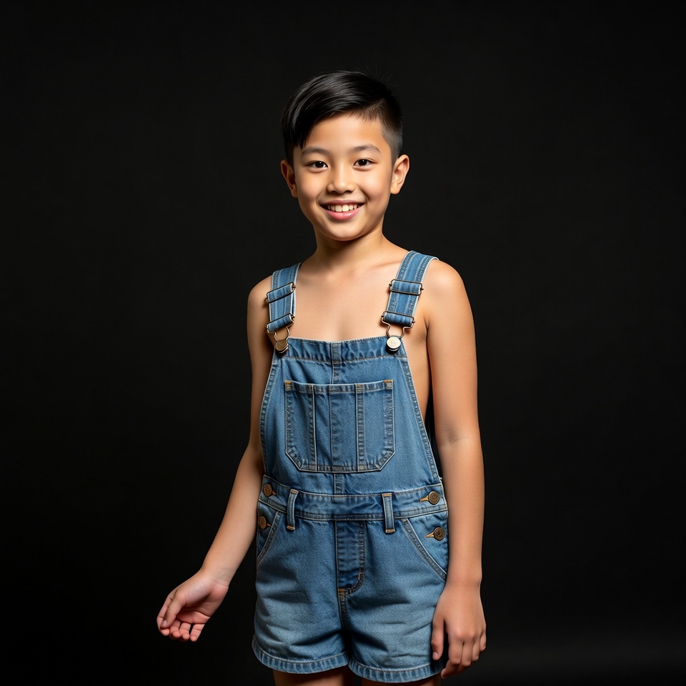 Asian boy in denim overalls shorts Asian boy in denim overalls shorts