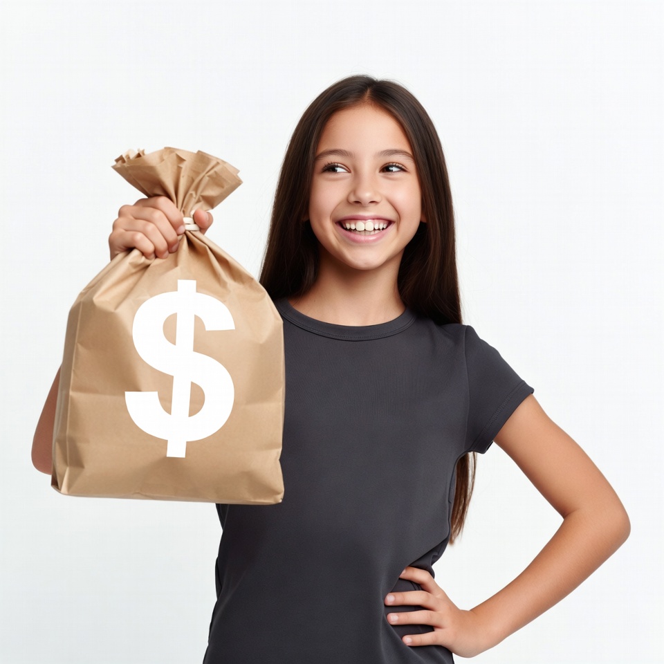 Asian girl holding money bag Asian girl holding money bag