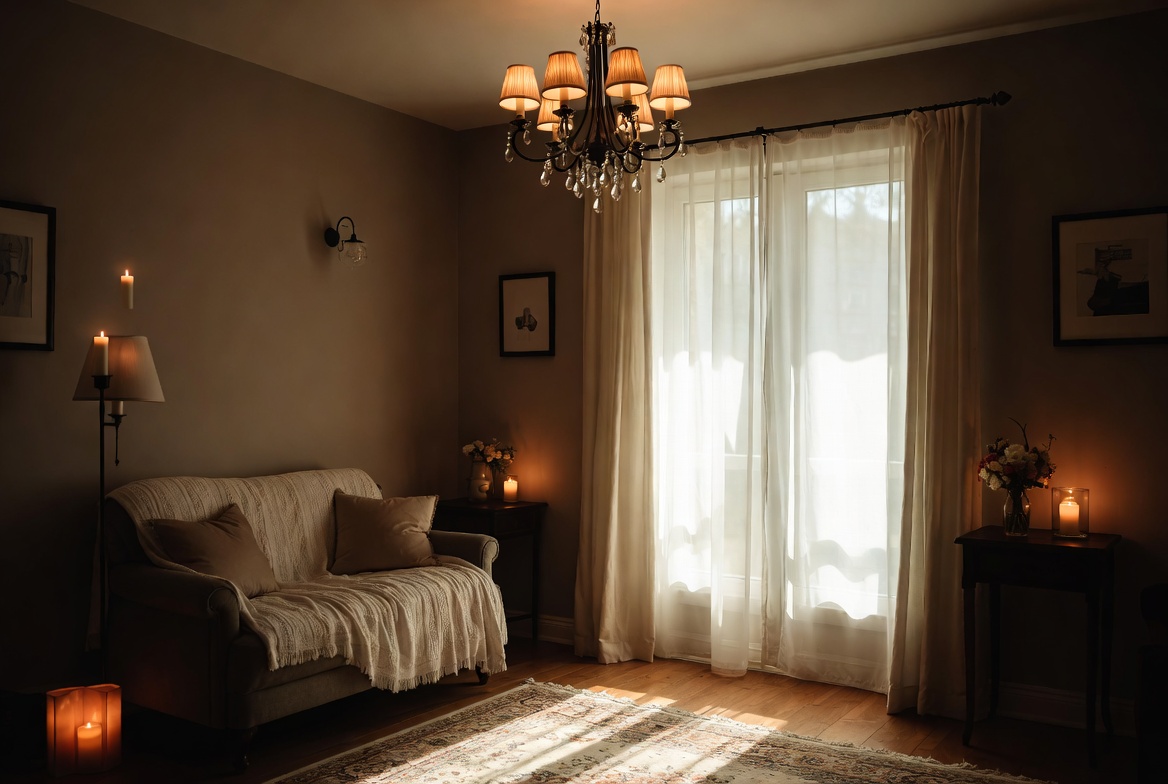 Cozy Living Room with Chandelier and Sofa Cozy Living Room with Chandelier and Sofa