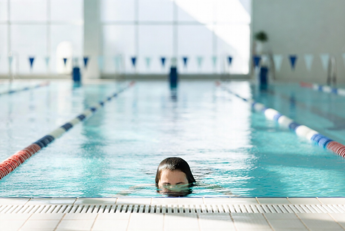 Woman swimming in indoor pool Woman swimming in indoor pool