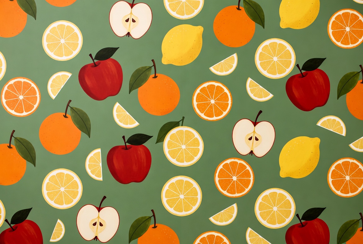 Colorful Fruit Pattern on Green Background Colorful Fruit Pattern on Green Background