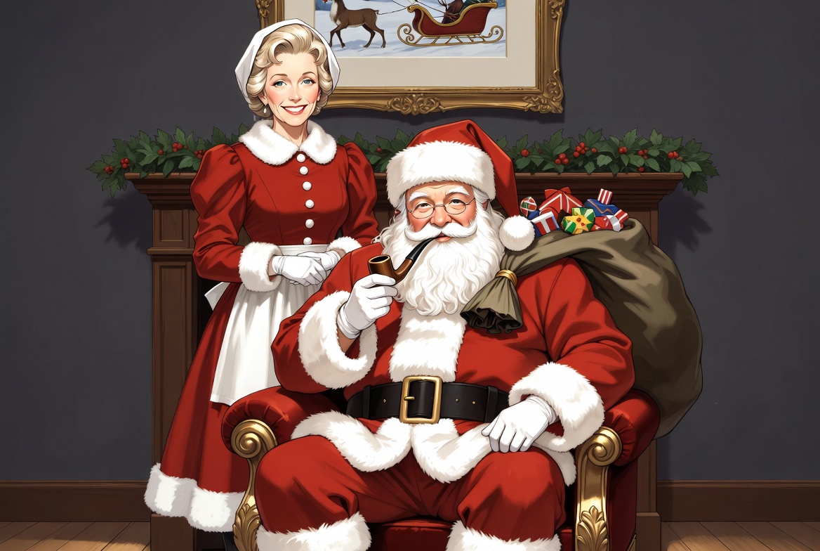 Santa Claus and Mrs. Claus by Fireplace Santa Claus and Mrs. Claus by Fireplace