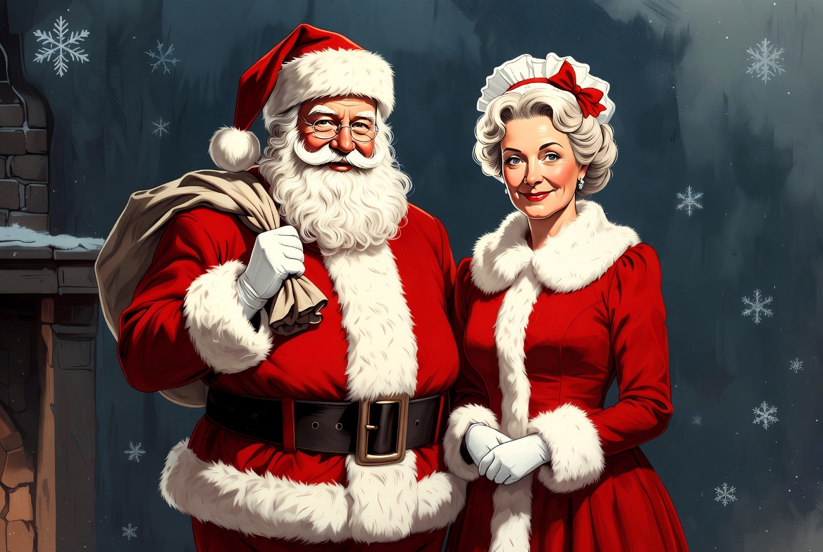 Santa Claus and Mrs. Claus by fireplace Santa Claus and Mrs. Claus by fireplace