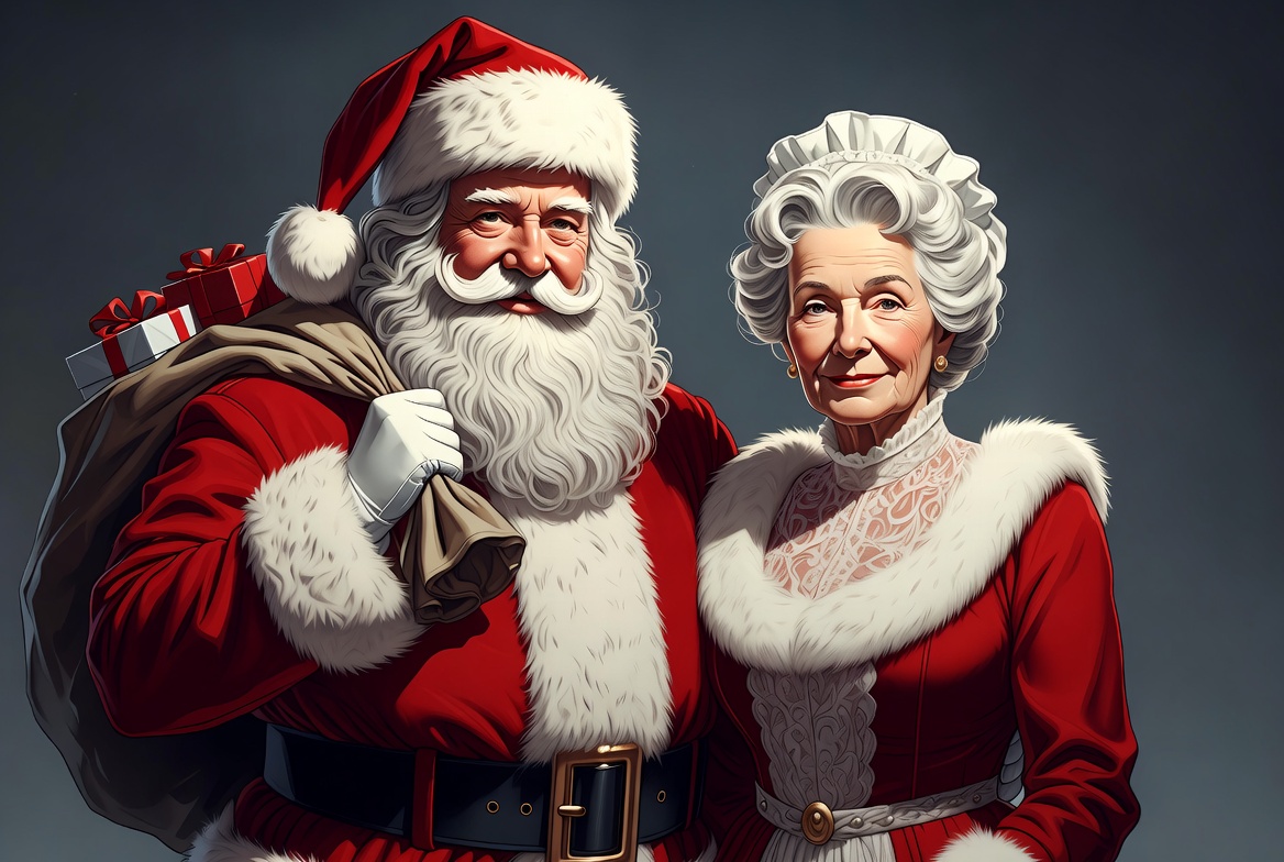 Santa Claus and Mrs. Claus with gifts Santa Claus and Mrs. Claus with gifts