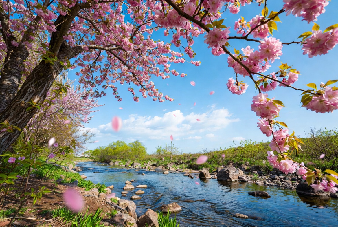 Cherry Blossoms Over River Cherry Blossoms Over River