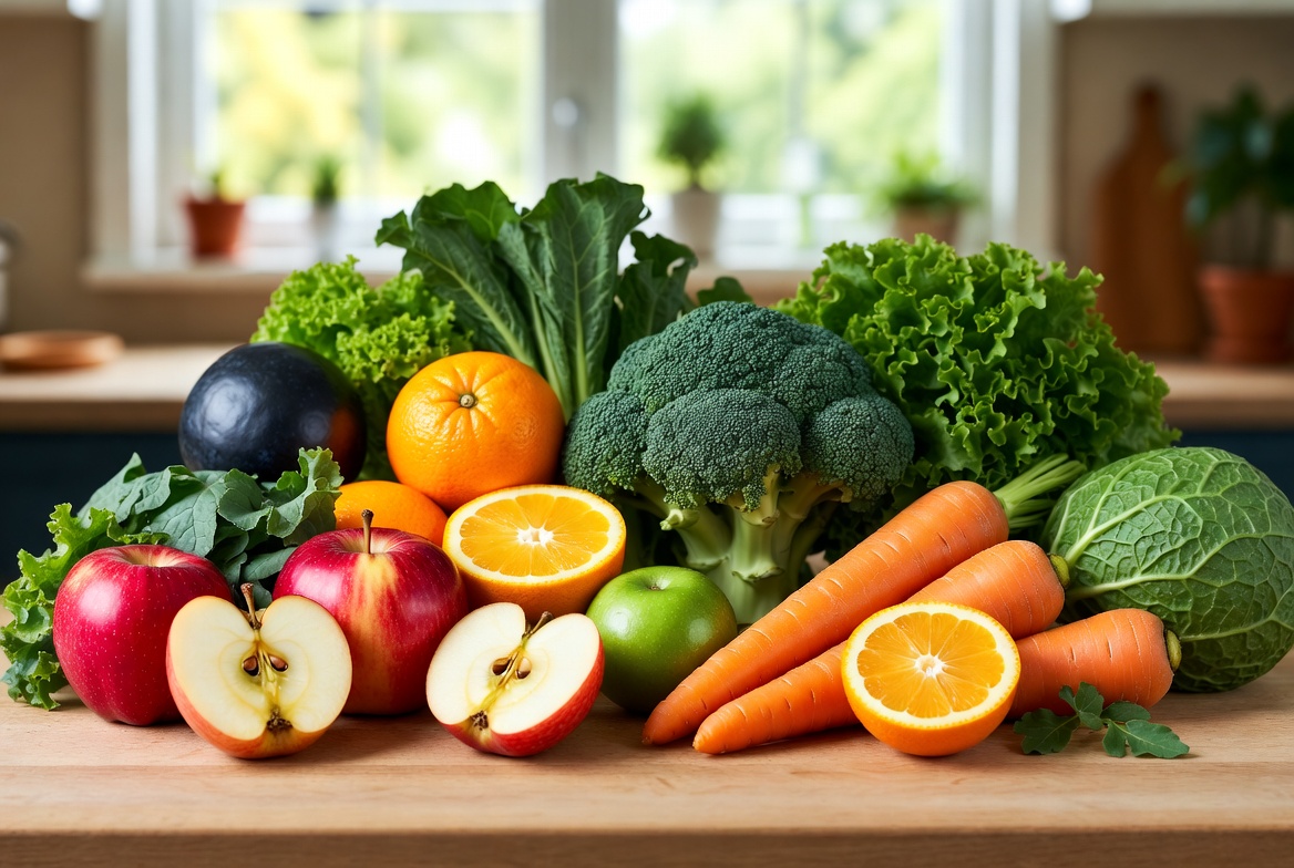 Fresh vegetables and fruits on kitchen table Fresh vegetables and fruits on kitchen table
