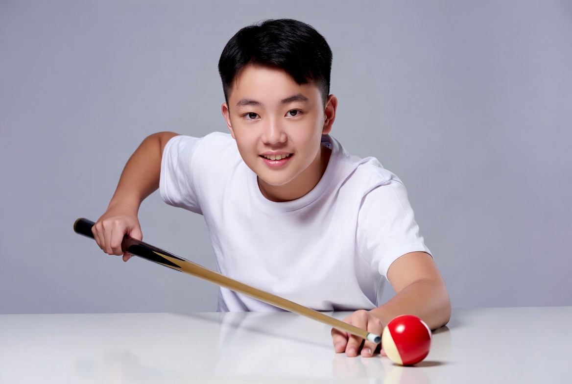 Asian boy playing snooker cue Asian boy playing snooker cue