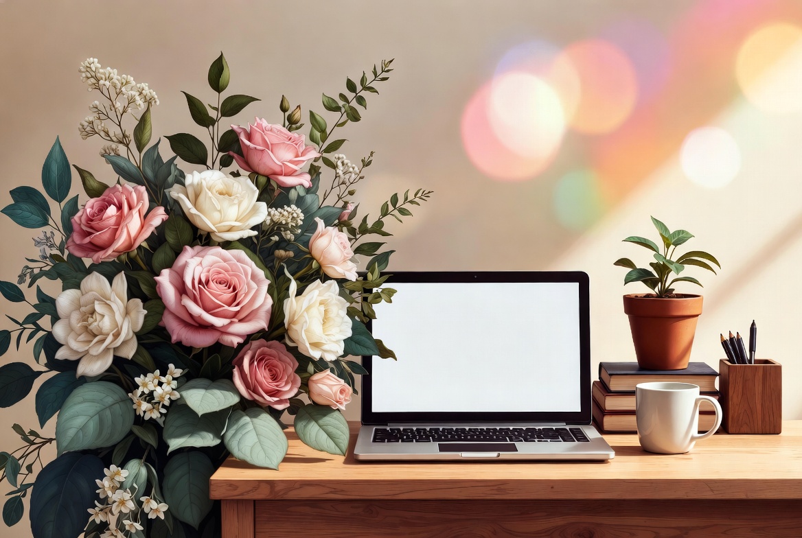Pink Roses Laptop Desk Setup Pink Roses Laptop Desk Setup