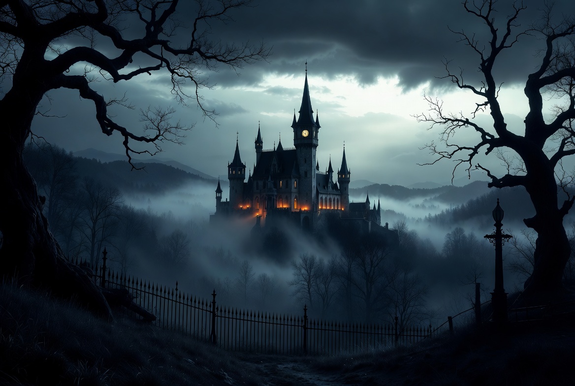 Spooky Gothic Castle in Foggy Night Spooky Gothic Castle in Foggy Night