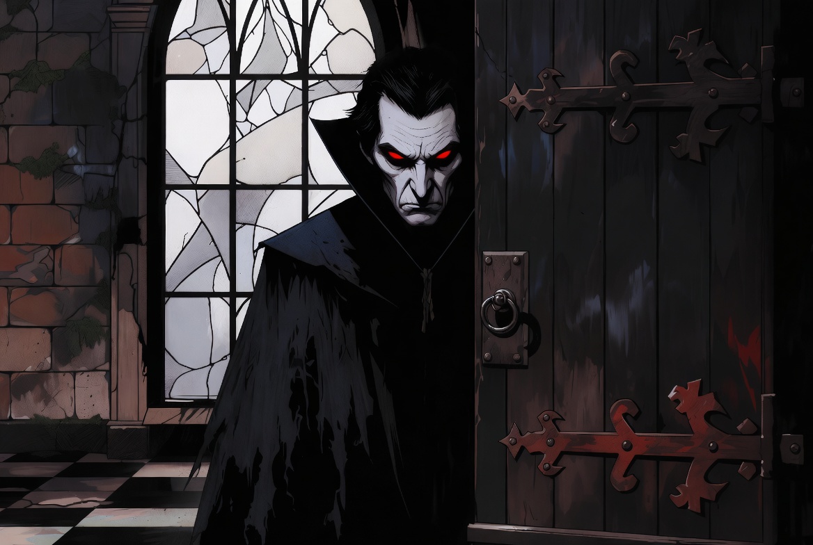 Vampire man opening castle door Vampire man opening castle door