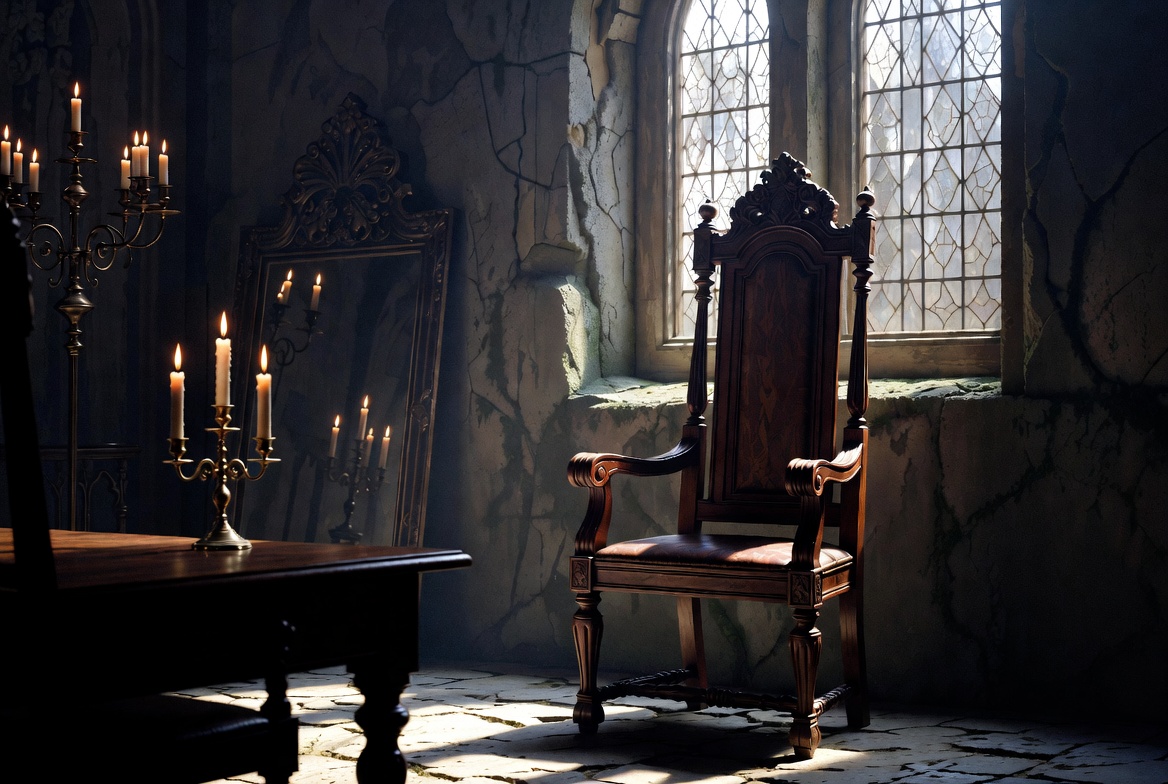 Ornate Wooden Throne in Gothic Room Ornate Wooden Throne in Gothic Room