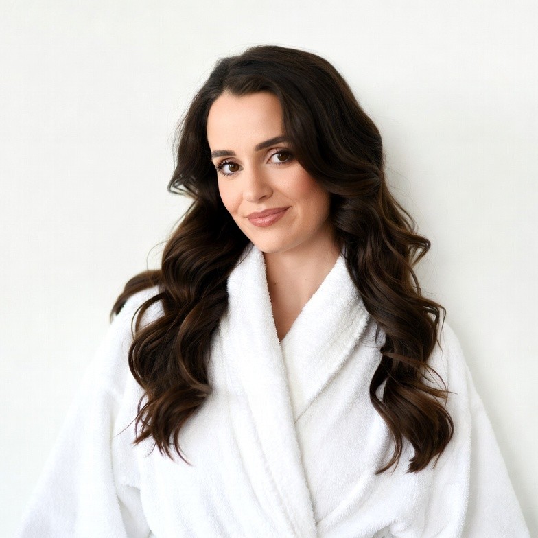 Woman in white bathrobe smiling Woman in white bathrobe smiling