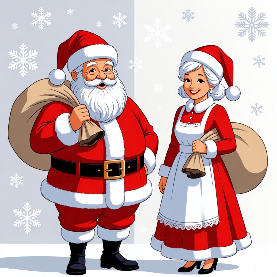 Santa Claus and Mrs. Claus with bags Santa Claus and Mrs. Claus with bags