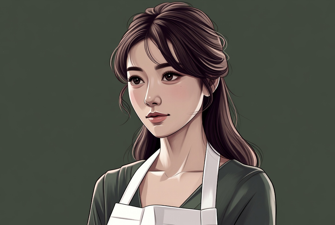 Asian woman wearing white apron Asian woman wearing white apron